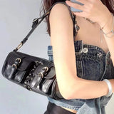 Lkblock Vintage Y2K Hot Girls Underarm Bag Fashion Black Women's Shoulder Crossbody Bags Strappy Duffel Handbags