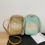 Lkblock Fashion Woven Straw Ladies Crossbody Messenger Bag Summer Bohemia Beach Rattan Shoulder Pack Small Solid Mobile Phone Coin Pursef