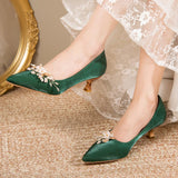 Lkblock Flowers Pointed Toe Pumps for Women New Green Silk Low Heels Shoes Woman Slip on Thin Heeled Lady Shoes Green Party Shoes