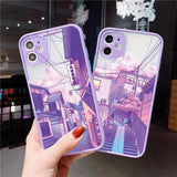 Lkblock Japan Anime Landscape Phone Case For iPhone 16 11 15 12 14 Pro Max 12 13 Mini 7 8 Plus X XR XS Matte Purple Street View Cover