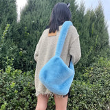 Lkblock Soft Faux Fur Ladies Messenger Bags Fashion Large Capacity Plush Women's Shoulder Bag Simple Solid Color Female Fluffy Handbags