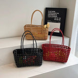 Lkblock Small Solid Color Weave Tote Bags for Women 2024 Fashion Summer Shoulder Bags Simple Handbags Hollow Out Beach Bag