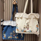 Lkblock Vintage Elegant Womens Tote Bag Blue Denim Aesthetic Embroidery Literary Sweet Shoulder Bag Fashion Casual Female Handbag