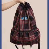 Lkblock American Vintage Logo Embroidered Plaid Backpack Y2k England Style Drawstring Preppy School Bag Fashion Travel Bag Climb Bag