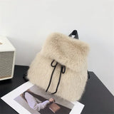 Lkblock Japanese Girls Students Fluffy Backpack New Sweet Drawstring Solid All Match Schoolbags Women Casual Fur Y2k Aesthetic Backpacks