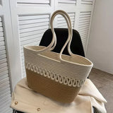 Lkblock Knitting Kits Fabric Khaki Beach Bag Large Capacity Handmade Straw Summer Holiday Leisure Bag Women Bags Shopping Bags