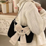 Lkblock Vintage Bowknot Women Underarm Bags Faux Pearl Chain Ladies Shoulder Crossbody Bag Female Soft Nylon Purse Small Tote Handbags