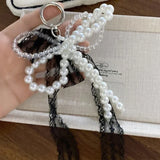 Lkblock Korean Cute Lace Bow Pearl Beaded Phone Pendant Chain Accessories Aesthetic Ballet Shoes Camera Bag Decoration Keychain Gift