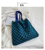 Lkblock Large-capacity Bag Handbag Knitting Shopping Bags Leisure Hand the Bill of Lading Shoulder Wool Woven Lattice Joker Tote