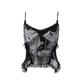 Lkblock New Punk Grunge Fairy Y2K Tops Gothic Dark Style Sexy Lace Patchwork Printed Glass Bead String Strap Top for Women