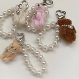 Lkblock Plush Teddy Bear Pearl Bracelets Cell Phone Chain Cute Doll Bag Charms Keychain Pendant Girl Heart Hanging Ornament