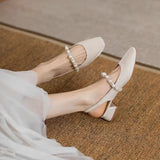 Lkblock New Women Sandals Satin  Square Heel Square Toe Buckle Strap Novelty Street Style British Style Pearl Belt Shoes For Women