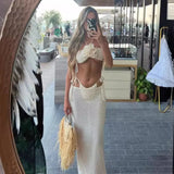 Lkblock Apricot Beach Skirt Sets Women Fashion 3 Piece Bikini Set with Cover Up Sexy Halter Crop Top and Long Skirt Holiday Outfits