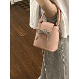 Lkblock Sweet Bow Womens Handbag Cute Pink Korean Fashion Small Leather Crossbody Bag Chains Ladies Elegant Fashion Evening Bag