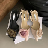 Lkblock Elegant Satin Flower Designer Sandals Women Mule Shoes 2024 Summer Pointed Toe Pumps Low Heel Flowers Slingback Sandals Female