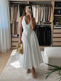 Lkblock Elegant White Deep V Neck Spliced A-line Dress Women Chic Slim Sleeveless Halter Dresses 2024 Summer Backless Evening Party Robe