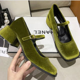 Lkblock Mary Janes Shoes Female Golden Velvet New Square Toe College Style Casual Pumps Fashion Shallow Buckle Shoes High Heel Shoes