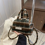 Lkblock Fashion Retro Plush Plaid Women's Shoulder Bag Casual Retro Ladies Woolen Crossbody Bags Female Change Purse Tote Handbags