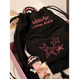 Lkblock Korean 2024 New Canvas Drawstring Star Women's Backpack Color Blocking Letters Fashion Versatile College Student Schoolbag Ins