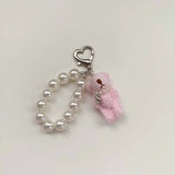 Lkblock Plush Teddy Bear Pearl Bracelets Cell Phone Chain Cute Doll Bag Charms Keychain Pendant Girl Heart Hanging Ornament