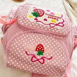 Lkblock Kawaii Kids School Bag Cute Strawberry Embroidery Dots Student Mochila Multi-Pocket Nylon Fashion Backpack for Teenager Girl