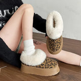 Lkblock Ankle Snow Boots Women Winter 2025 New Fashion Leopard Fur Short Plush Warm Flat Slippers Platform Shoe Indoor Cotton Flip-Flops