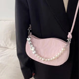 Lkblock Pink Pearl Womens Shoulder Bag Elegant Chains Beading Leather Korean Fashion Handbag Commuter Casual Ladies Aesthetic Bags