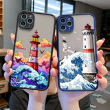 Lkblock Blue Wave Phone Case For iphone 16 15 12 11 13 Pro Max Lighthouse Illustration Cover For iphone X XR XS 7 8 14 Plus Shells