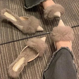 Lkblock Women High Heel Shoes Fur Slippers Mules Pointed Toe Furry Slides Fashion Elegant Luxury Designer Flip Flops Office Pumps