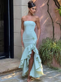 Lkblock Elegant Chic Strapless Asymmetrical Ruffles Evening Dresses for Women 2024 Summer Sleeveless Bodycon Long Party Holiday Dress