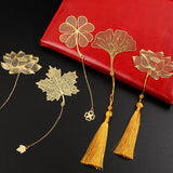 Lkblock Exquisite Hollow Metal Bookmarks Gold Color Leaf Vein Lotus Shape Book Marks With Tassel Stationery Student Reading Supplies