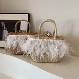 Lkblock Hot Selling Feather Rattan Woven Drawstring Women's Handbag 2024 Summer Fashion New Product Beach Vacation Niche Design