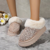 Lkblock Ankle Snow Boots Women Winter New Fashion Shiny Fur Short Plush Warm Flats Slippers Platform Shoes Indoor Cotton Flip-Flops