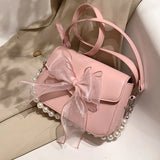 Lkblock Sweet Bow Lolita Bag Women Harajuku Pearl Chic Handle Leather White Messenger Bag Ladies Japanese Cute Handbag Aesthetic