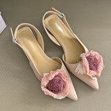 Lkblock Elegant Satin Flower Designer Sandals Women Mule Shoes 2024 Summer Pointed Toe Pumps Low Heel Flowers Slingback Sandals Female