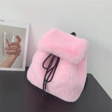 Lkblock Japanese Girls Students Fluffy Backpack New Sweet Drawstring Solid All Match Schoolbags Women Casual Fur Y2k Aesthetic Backpacks