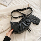 Lkblock Rivet Pleated Dumpling Bag，New Ins Fashion One Shoulder Underarm Bag, Trendy Messenger Bag Handbag