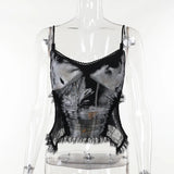 Lkblock New Punk Grunge Fairy Y2K Tops Gothic Dark Style Sexy Lace Patchwork Printed Glass Bead String Strap Top for Women