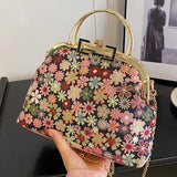 Lkblock 2024 New Vintage Women Original Handmade Chain Shoulder Bags Wedding Top Handle Totes Lady Lock Shell Clip Flower Small Handbags