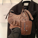 Lkblock Rivet Pleated Dumpling Bag，New Ins Fashion One Shoulder Underarm Bag, Trendy Messenger Bag Handbag