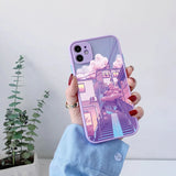 Lkblock Japan Anime Landscape Phone Case For iPhone 16 11 15 12 14 Pro Max 12 13 Mini 7 8 Plus X XR XS Matte Purple Street View Cover