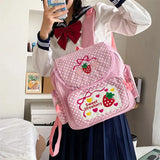 Lkblock Kawaii Kids School Bag Cute Strawberry Embroidery Dots Student Mochila Multi-Pocket Nylon Fashion Backpack for Teenager Girl