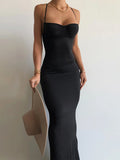 Lkblock Solid Black Backless Long Dress For Women Bodycon Sexy Slim Maxi Dress Party Club Outfits Summer