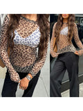 Lkblock Sexy Clubwear Women Leopard Print Mesh Sheer Tops Long Sleeve Lace  Fit See Through T-Shirts Pullover Blouse Y2k Clothes