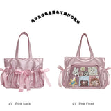 Lkblock Sweet Ribbon Satin Bow Tote Bag Ballet Style Original Comic Handbag Beautiful Double Large Capacity Student Shoulder Bag