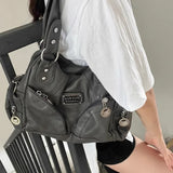 Lkblock  Y2k Vintage Shoulder Bag for Women Large Capacity Gothic Soft Pu Leather Motorcycle Handbag Casual Gray Mens Armpit Bag