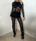 Lkblock 2024 New Lace Jumpsuits for Women Sexy Long Sleeve See-through Bodysuit with Skirts Two-piece Overalls Set Night Club Streetwear