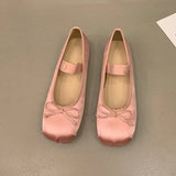 Lkblock Luxury Satin Silk Ballet Shoes Woman Classic Square Toe Bowtie Elastic Band Ballerina Flats Ladies Soft Loafers