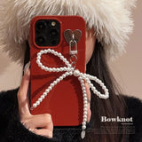 Lkblock Pearl Bow Pendant Phone Case for IPhone 14 13 12 11 15 Pro Max Funda for Iphone 15 14 Plus Wine Red Silicone Shockproof Cover