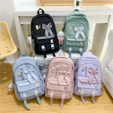 Lkblock Bow Canvas Schoolbags for Girls School Students Multi-layer New Cute Middle School Students Large Capacity Bow Backpacks